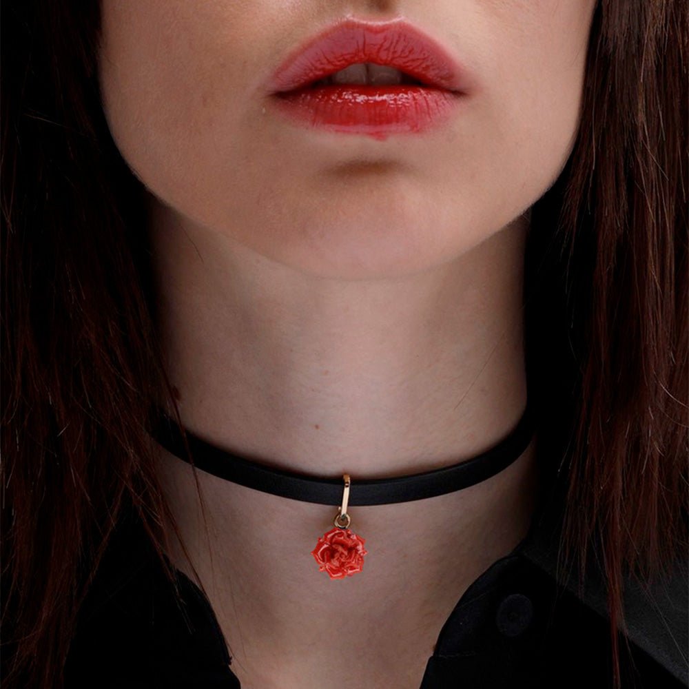Collar Mini Choker Rosa Rojo Cuero