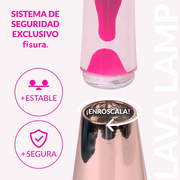 Lampe à lave avec base or rose, liquide transparent et lave magenta