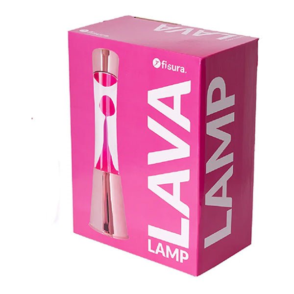 Lampe à lave avec base or rose, liquide transparent et lave magenta