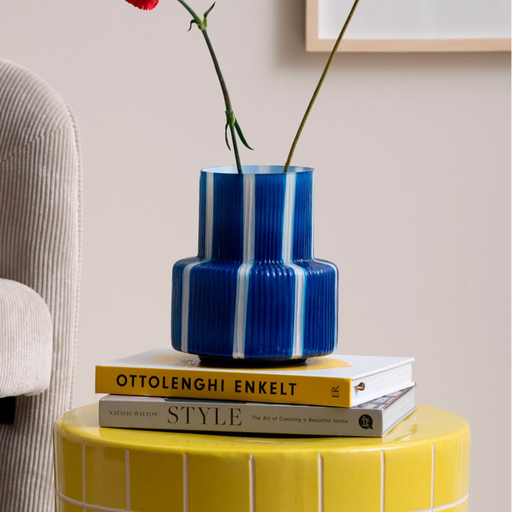 Vase Rayado Retro Wide Cobalt Blue